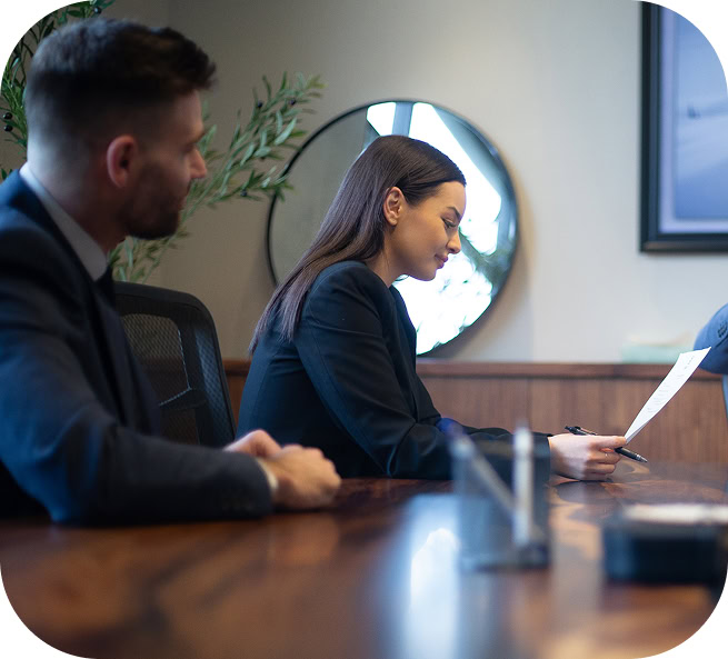Lawyer and client discussing legal case during consultation at law firm.